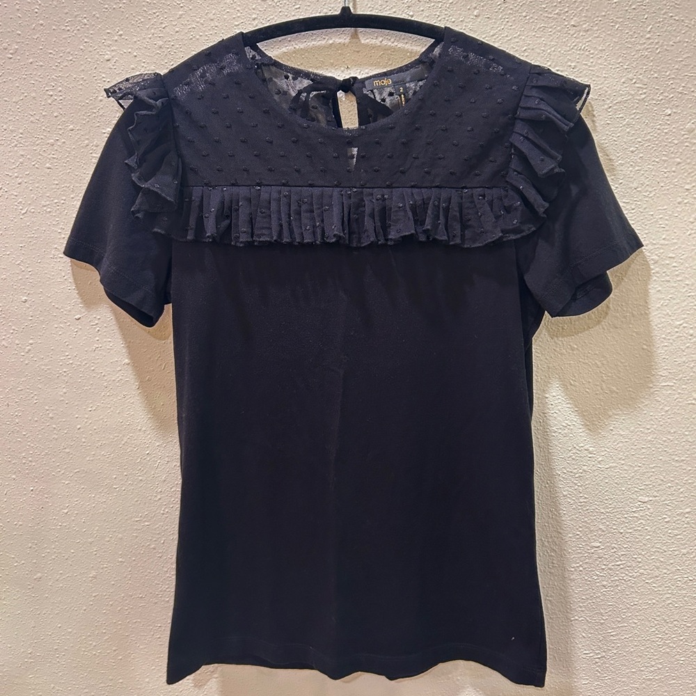 Maje Black Lace Shoulder Top Size 2